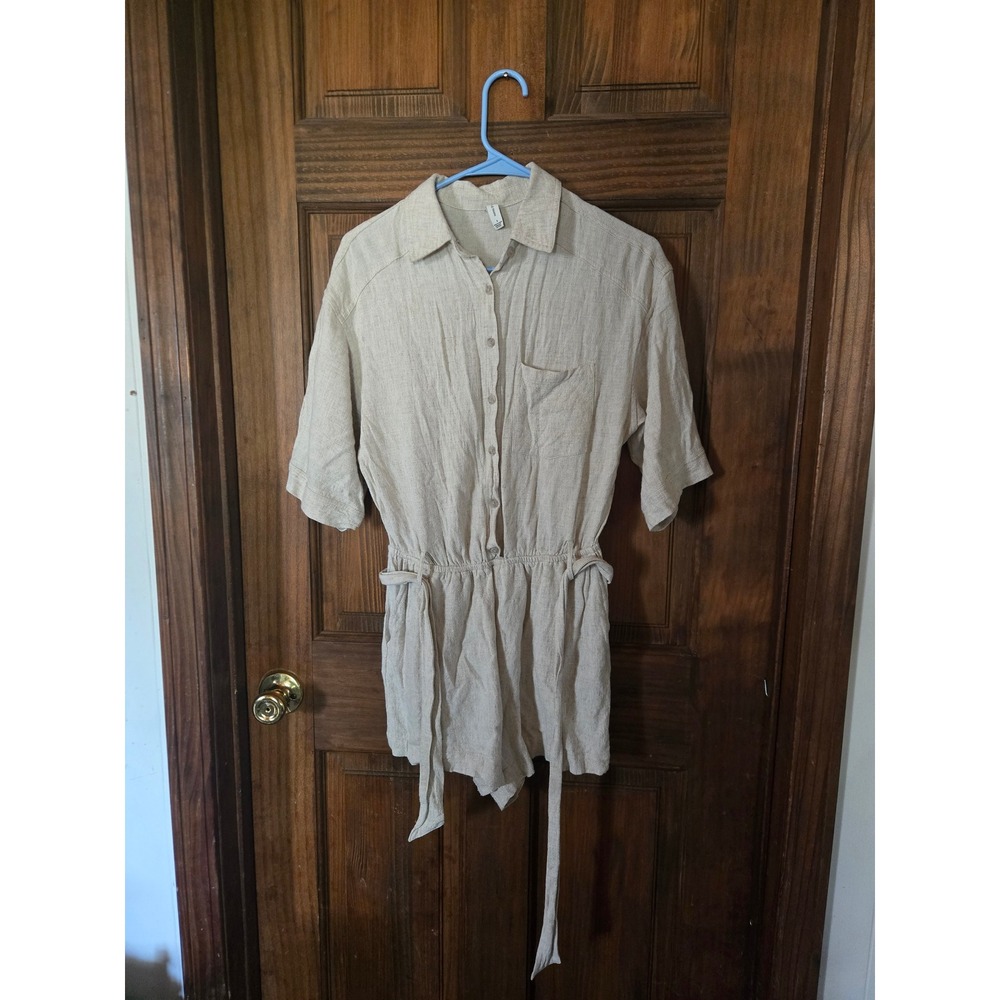 Gentle‎ Fawn Oatmeal Linen Blend Button Front Short Sleeve Romper Small
